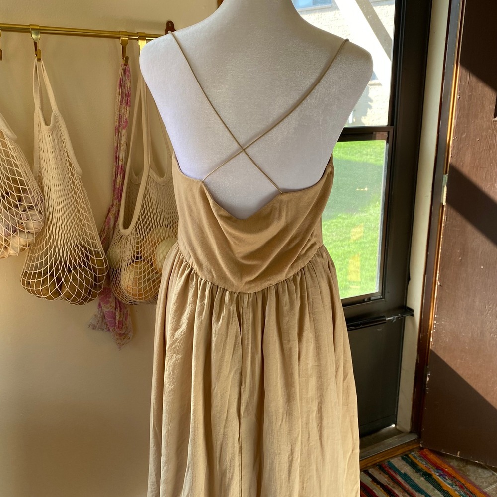 Commense Basque Waist A Line Tan Maxi‎ Dress XL Flowy Summer Beach Femme Boho - Picture 4 of 8